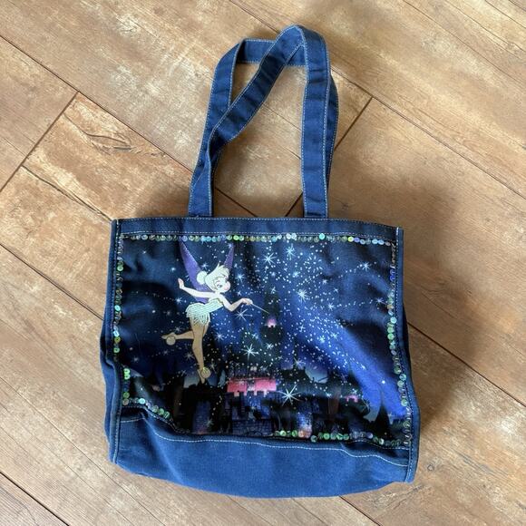Disney Tinker Bell Tote Bag Blue Canvas Sequins Fairy Stars Castle Print Purse - Picture 1 of 7